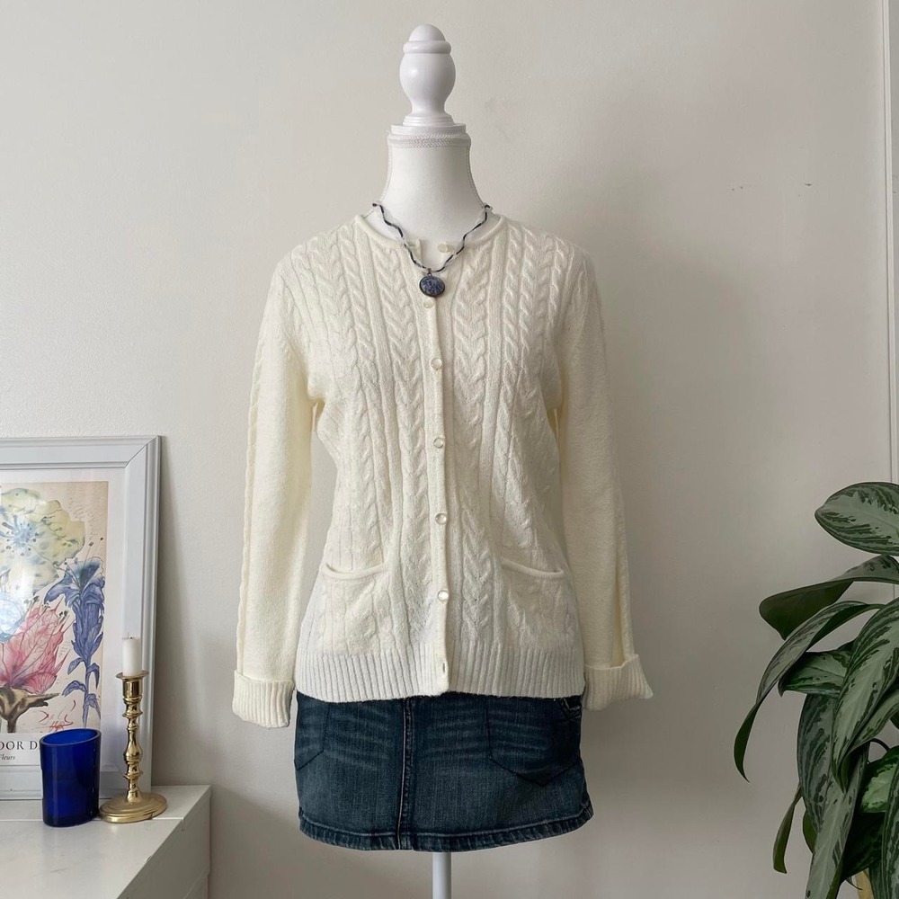 Vintage Y2k Cableknit Cardigan Sweater Cream Womans sz PS Preppy Academia